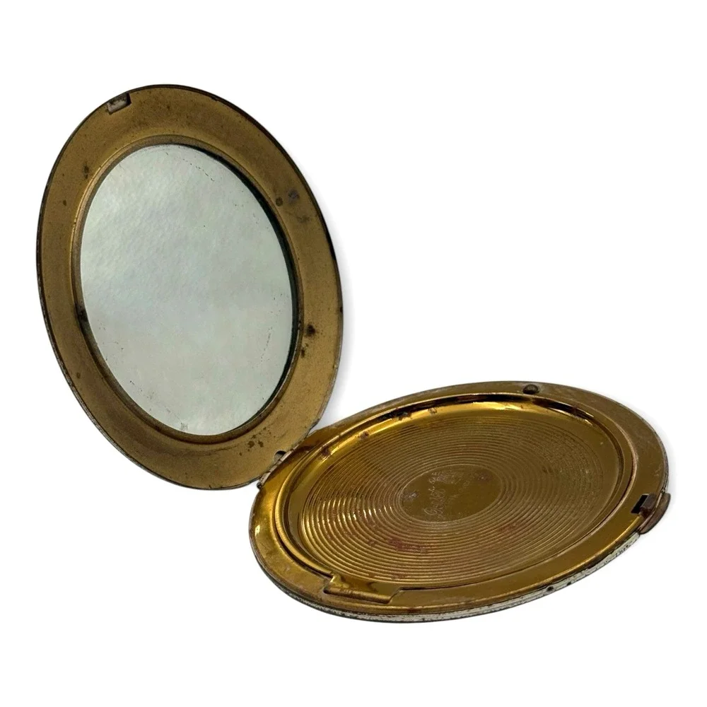 Dorset Fifth Avenue Rhinestone Compact Mirror Gold Tone Striped Round Vintage